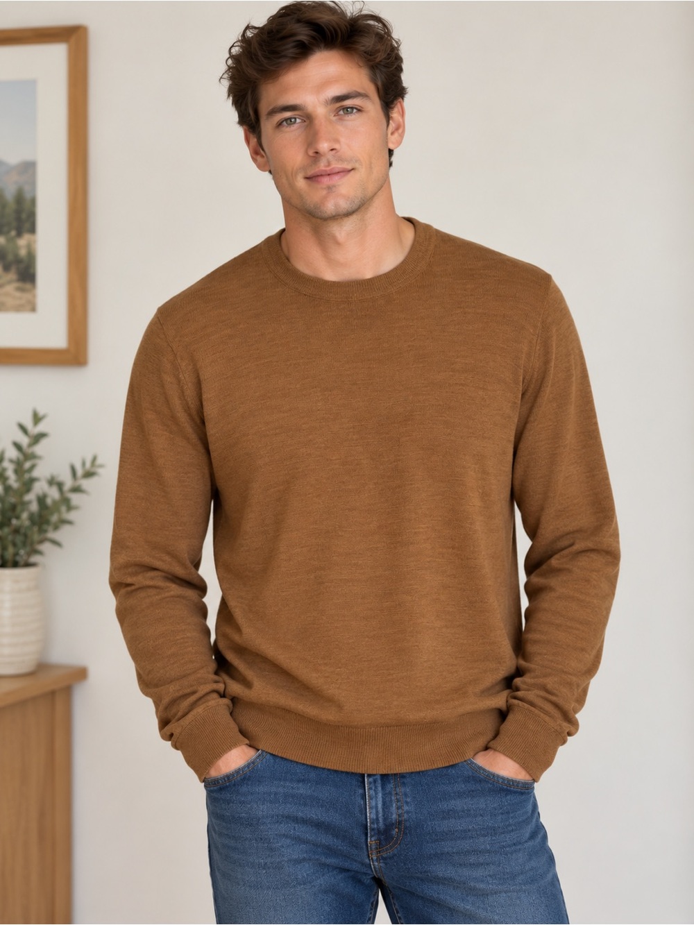EUC - Nordstrom Men’s Camel Washable Merino Wool Crewneck Sweater - XL